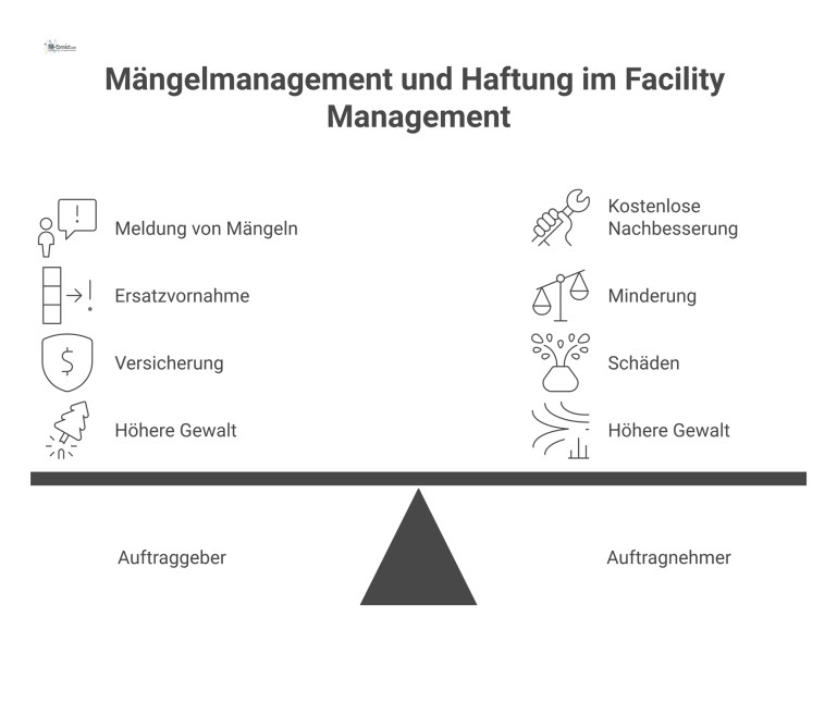 Gewährleistung und Haftung bei Mängeln Infografik zum Prozess der Gewährleistung und Haftung bei Mängeln, von der Meldung über die Nachbesserung bis zu Eskalationspfaden.