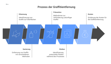 Diagramm zum Prozess der Graffitientfernung in den Phasen Erkennung, Sanierung und Prävention, inklusive Verfahren, Risiken und Kosten. 