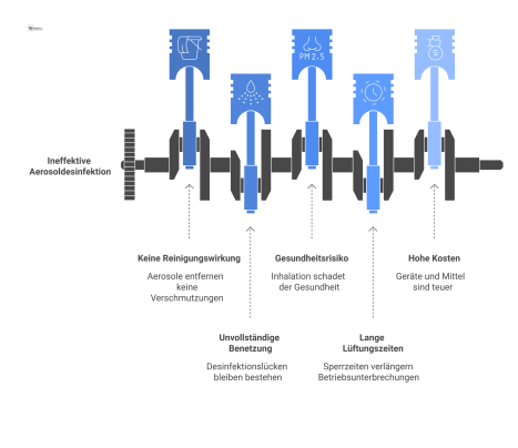 Infografik, die die Nachteile der Aerosoldesinfektion in den drei Kategorien Wirksamkeit, Sicherheit und Betrieb mit Icons darstellt. 