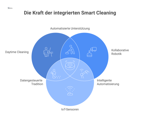 Infografik des Smart Cleaning Systems mit zentralem Hub und vier verbundenen Säulen: Daytime Cleaning, kollaborative Robotik, IoT-Sensoren und KPI-Dashboard.