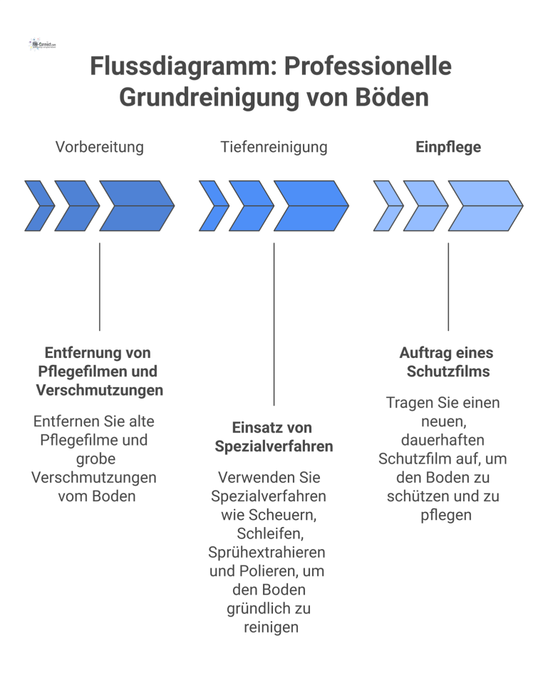 Flussdiagramm: Professionelle Grundreinigung von Böden Flussdiagramm, das den Prozess der professionellen Bodenreinigung in drei Phasen darstellt: Vorbereitung, Tiefenreinigung und abschließende Einpflege.