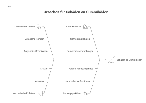Infografik über Ursachen und Wirkungen von Schäden an Gummiböden und Piktogramme zu Präventionsmaßnahmen wie Schutzmatten und Reinigung. 