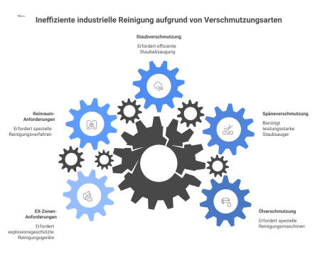 Infografik zur Industriereinigung, die passende Reinigungsmaschinen für Verschmutzungen in Chemie-, Pharma- und Metallindustrie sowie für Spezialbereiche aufzeigt.