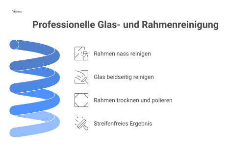 Flussdiagramm zur professionellen Reinigung von Glasflächen und Rahmen in drei Schritten, inklusive Icons für Werkzeuge und ein streifenfreies Ergebnis.