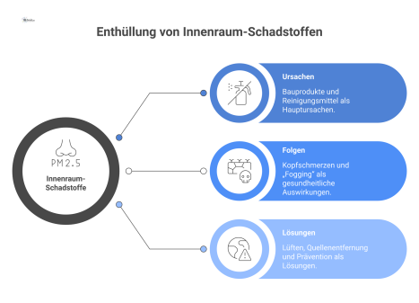  Ein Infografik-Flussdiagramm über Innenraum-Schadstoffe, das Ursachen wie Bauprodukte, Folgen wie Kopfschmerzen und Lösungen wie Lüften mit Icons darstellt.