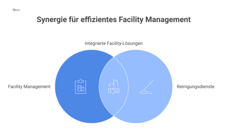  Diagramm der nahtlosen Integration von Reinigungsdiensten ins Facility Management mit Schnittstellen für Datenaustausch, Koordination, Störfallmanagement und Reporting.