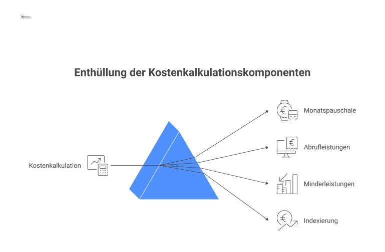 Strukturdiagramm zur Kostenkalkulation, das die vier Hauptzweige Monatspauschale, Abrufleistungen, Minderleistungen und Indexierung der Kosten visuell darstellt.