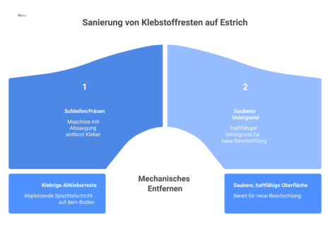  Infografik zur Sanierung von Klebstoffresten auf Estrich, die das Problem mit Altkleber und die Lösung durch Schleifen zeigt.
