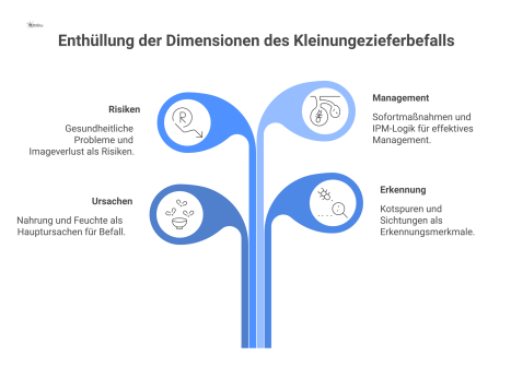  Mindmap zum Thema Kleinungeziefer-Befall mit den vier Hauptbereichen Ursachen, Erkennung, Risiken und Management als Prozess.