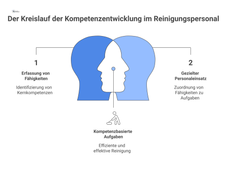 Diagramm zum Kreislauf des Kompetenzmanagements für Reinigungspersonal, von der Erfassung von Fähigkeiten bis zur Planung von Weiterbildungen.