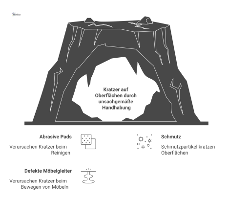  Infografik zu Kratzern auf Oberflächen, die Ursachen wie Schmutz, Folgen wie matte Stellen und Lösungen wie Polieren darstellt.