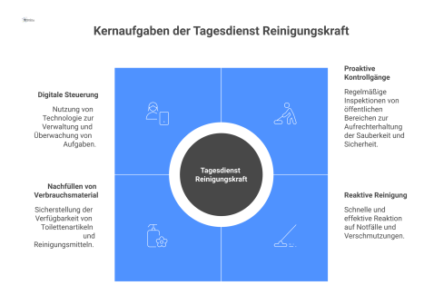 Ein Hub-and-Spoke-Diagramm mit der „Tagesdienst Reinigungskraft“ im Zentrum und den Kernaufgaben als Speichen, wie Kontrollgänge und digitale Steuerung.