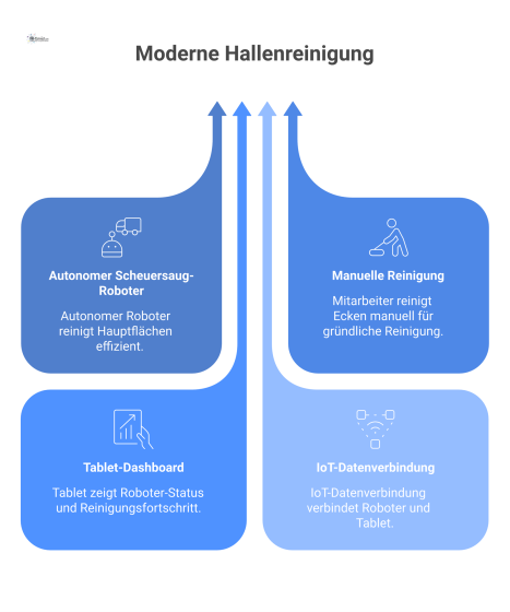  Infografik zur modernen Hallenreinigung mit Cobot, Mitarbeiter und Steuerung per Tablet über eine IoT-Datenverbindung.