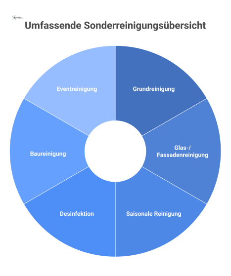 Übersichtsdiagramm, das die sechs Hauptkategorien von Sonderreinigungen zeigt: Grundreinigung, Glasreinigung, saisonale Reinigung, Desinfektion, Baureinigung und Eventreinigung.