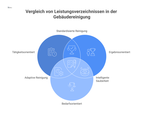 Vergleichsdiagramm der vier Arten von Leistungsverzeichnissen: tätigkeitsorientiert, ergebnisorientiert, bedarfsorientiert und eine Mischform als Verzweigung vom zentralen Knotenpunkt.