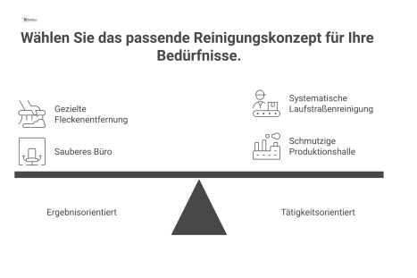 Infografik, die zwei Reinigungskonzepte gegenüberstellt: Links ergebnisorientiert im Büro, rechts tätigkeitsorientiert in einer Produktionshalle.