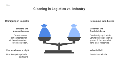  Infografik im Split-Screen-Design vergleicht Reinigung: links ein autonomer Roboter in einer Logistikhalle, rechts eine Reinigungskraft in Schutzkleidung. 