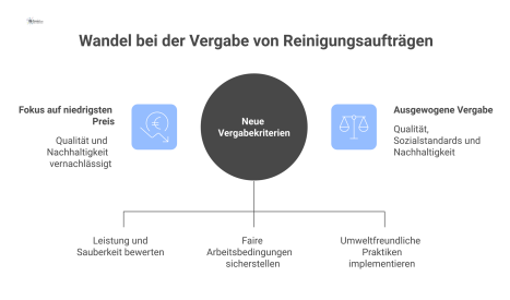  Diagramm zum Wandel bei der Vergabe von Reinigungsaufträgen, weg vom Preis hin zu Qualität, Sozialstandards und Nachhaltigkeit unter konstantem Kostendruck.