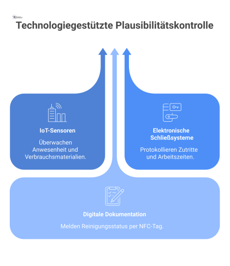  Infografik zur Plausibilitätskontrolle in der Gebäudereinigung, die drei Kerntechnologien für die Echtzeit-Überwachung von Arbeitszeit und Leistung darstellt.
