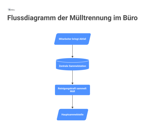  Flussdiagramm, das den Prozess der Mülltrennung im Büro zeigt, vom Mitarbeiter über die Trennstation bis zur Abholung.
