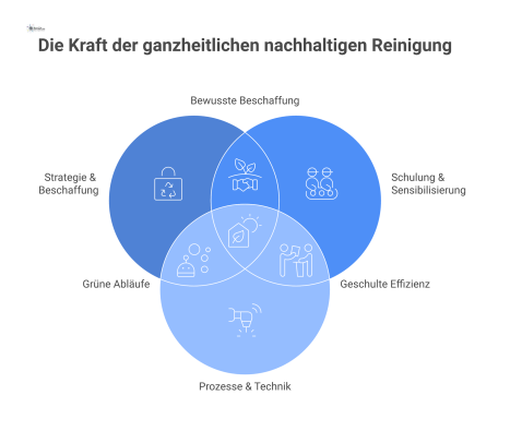 Kreisförmige Infografik zum ganzheitlichen Ansatz nachhaltiger Reinigung, die vier Kernbereiche darstellt: Strategie, Schulung, Prozesse und Kontrolle & Verbesserung.