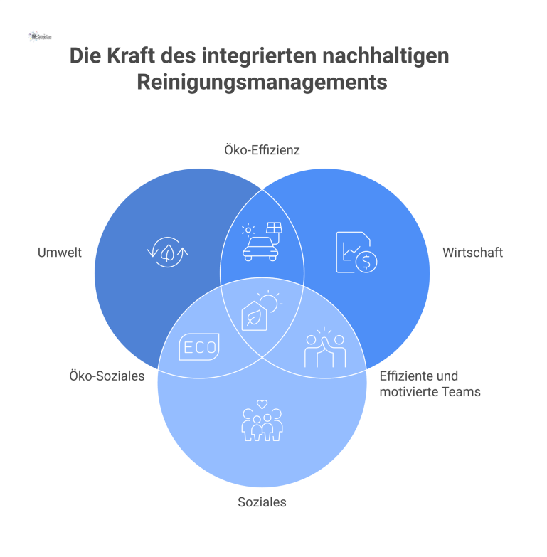 Infografik, die das Drei-Säulen-Modell für nachhaltiges Reinigungsmanagement mit den Bereichen Umwelt, Wirtschaft und Soziales sowie Piktogrammen visualisiert.