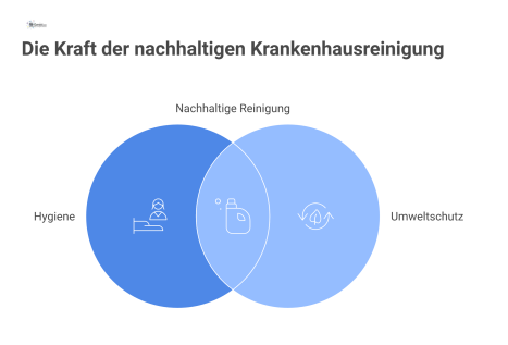  Infografik über nachhaltige Krankenhausreinigung, die die Balance zwischen Hygiene und Umweltschutz mit vier Kategorien wie umweltfreundlichen Produkten darstellt.