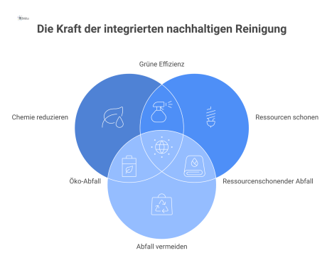 Infografik zu nachhaltiger Reinigung, die vier Säulen darstellt: Chemie reduzieren, Ressourcen schonen, Abfall vermeiden und Logistik optimieren.