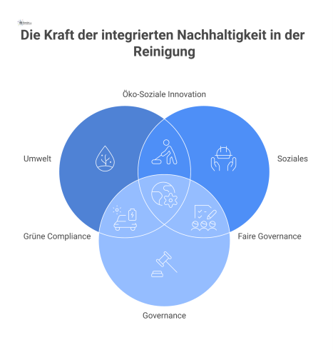 Infografik zu den drei Säulen der Nachhaltigkeit in der Reinigungsbranche: Umwelt, Soziales und Governance mit passenden Icons und Beispielen.