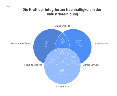 Infografik mit einem zentralen Zahnrad, das vier Bereiche der nachhaltigen Industriereinigung darstellt: Ressourceneffizienz, Umweltschutz, Mitarbeiterschutz und smarte Technologie.