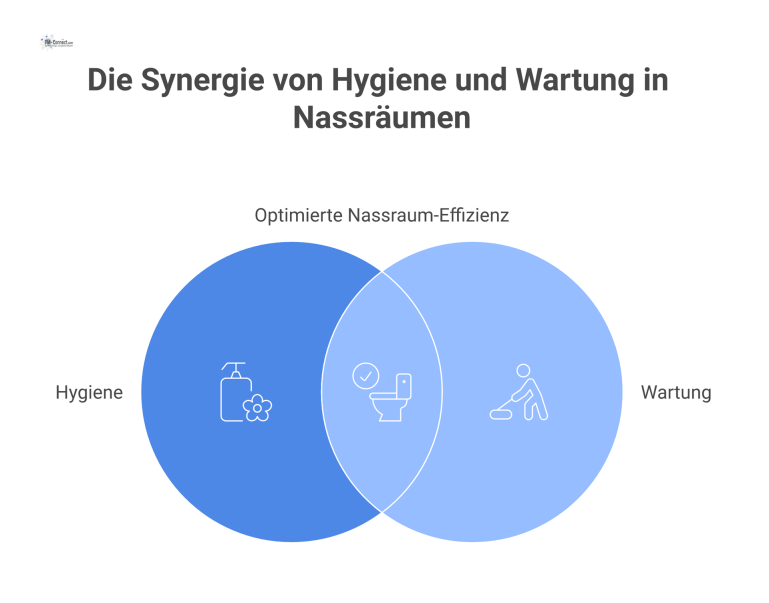 Infografik: Reinigung optimierter Nassraum Infografik eines hygienischen Nassraums mit wandmontiertem WC, Dosierspendern und glatten, fugenarmen Oberflächen für eine sehr einfache und schnelle Reinigung.