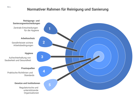 Mindmap zum normativen Rahmen für Reinigungs- und Sanierungsentscheidungen mit Hauptästen wie Arbeitsschutz und Hygiene, verbunden mit Gesetzen und Institutionen. 