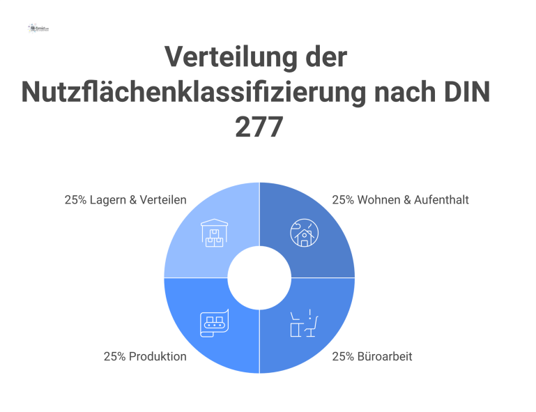  Infografik der Klassifizierung von Nutzflächen nach DIN 277 in vier Kategorien für die Reinigungsplanung mit passenden Icons.