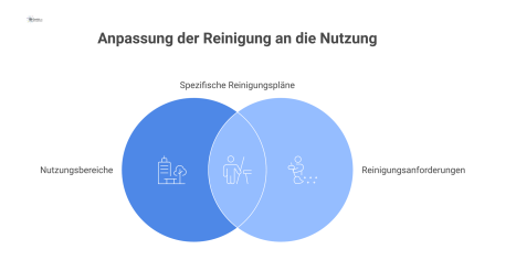  Infografik-Diagramm zu Reinigungsanforderungen für Büro, Industrie, Gastronomie und Außenanlagen, unterteilt in Neubau und Bestand, mit spezifischen Anforderungen. 