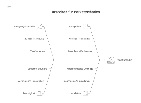  Infografik, die Schäden an Parkettböden durch zu nasse Reinigung und aufsteigende Feuchte sowie die daraus resultierenden Schadensbilder zeigt.