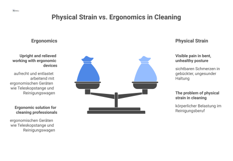  Infografik stellt eine Reinigungskraft in schmerzhafter, gebückter Haltung einer Person gegenüber, die aufrecht und entlastet mit ergonomischen Geräten arbeitet.