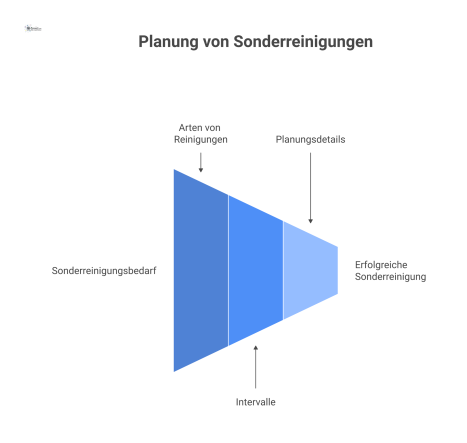 Strukturiertes Diagramm zur Planung von Sonderreinigungen mit den Hauptkategorien Arten, Intervalle und Planungsdetails wie Personal und Sicherheit.