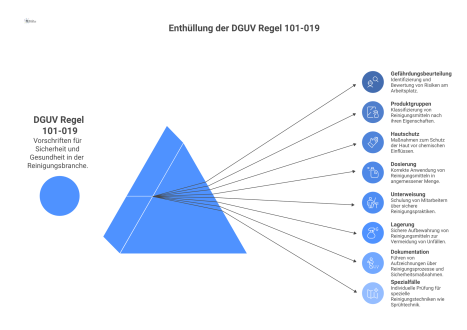  Infografik der DGUV Regel 101-019 als geschlossenes System, das die Kernelemente für die Reinigungsbranche wie Gefährdungsbeurteilung und Hautschutz verbindet. 