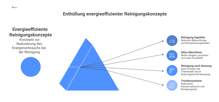 Infografik, die vier energiebezogene Reinigungskonzepte und deren Einsparungen visualisiert: Reinigung tagsüber, Akku-Maschinen, Reinigung nach Nutzung und Trockensysteme.