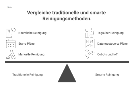Infografik, die traditionelle, nächtliche Reinigung der smarten, datengesteuerten Reinigung mit Cobots und IoT-Sensoren am Tag gegenüberstellt.
