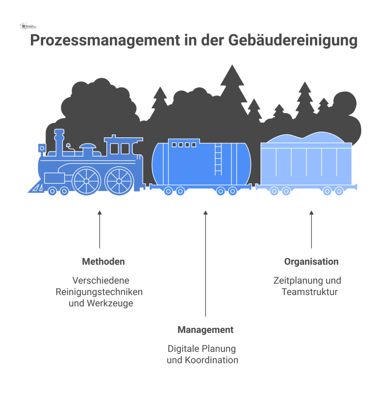  Infografik zum Prozessmanagement in der Gebäudereinigung, die die drei Hauptbereiche Methoden, Management und Organisation mit beschreibenden Icons illustriert. 