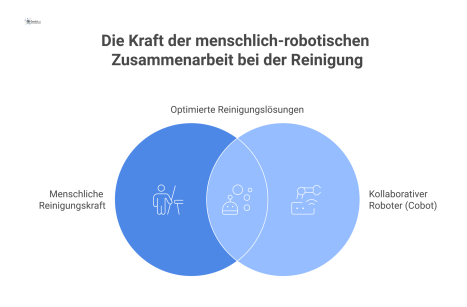  Isometrische Infografik eines futuristischen Putzmittelraums, in dem eine Reinigungskraft mit einem kollaborativen Roboter an dessen Ladestation interagiert.