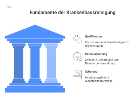 Infografik der drei Säulen der Krankenhausreinigung: Qualifikation, Personalplanung und Schulung. Die Säulen tragen ein Dach mit der Aufschrift Hygiene & Patientensicherheit. 