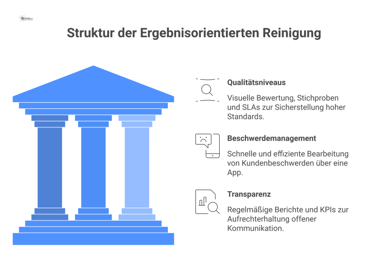 Die drei Säulen der Ergebnisorientierten Reinigung Infografik zur ergebnisorientierten Reinigung, die auf drei Säulen basiert: Qualitätsniveaus, Beschwerdemanagement und Transparenz, dargestellt mit Icons.