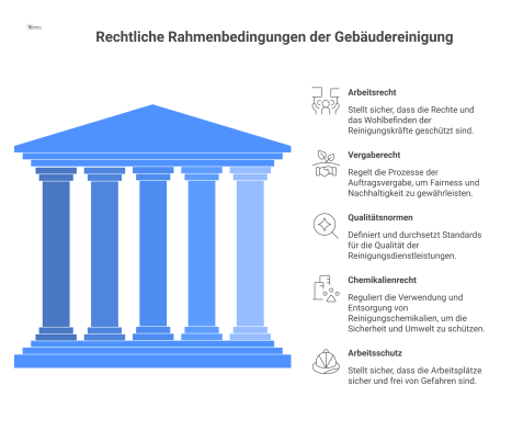 Netzwerk-Diagramm der rechtlichen Rahmenbedingungen für Gebäudereinigung, das die Hauptbereiche Arbeitsrecht, Vergaberecht, Qualitätsnormen, Chemikalienrecht und Arbeitsschutz als verbundene Knoten da
