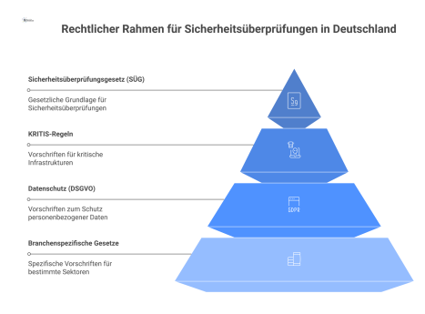 Diagramm zum rechtlichen Rahmen für Sicherheitsüberprüfungen, das die Stufen Ü1-Ü3 des SÜG und Überschneidungen mit DSGVO und KRITIS zeigt. 