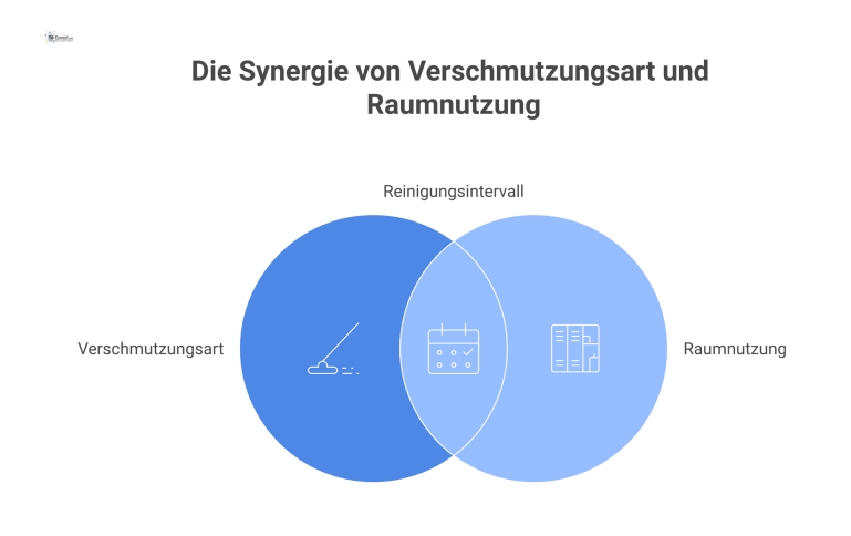 Infografik zur Systematik der Verschmutzung Infografik zur Systematik der Verschmutzung, die Schmutzarten kategorisiert und den Zusammenhang zwischen Raumnutzung und erforderlichem Reinigungsintervall visualisiert.