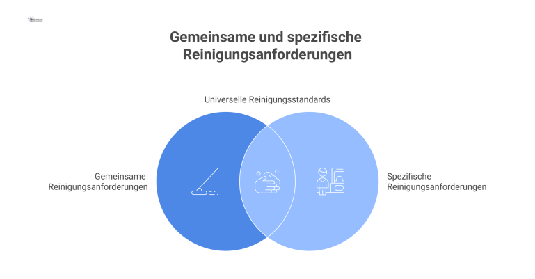 Infografik, die sechs Reinigungsbereiche anhand von Verschmutzungsart, Reinigungsfrequenz und speziellen Anforderungen wie HACCP oder Schutzkleidung vergleicht. 
