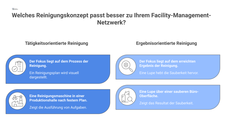 Gegenüberstellung von zwei Reinigungskonzepten Eine Infografik, die links tätigkeitsorientierte Reinigung mit einer Maschine und rechts ergebnisorientierte Reinigung mit einer Lupe vergleicht.