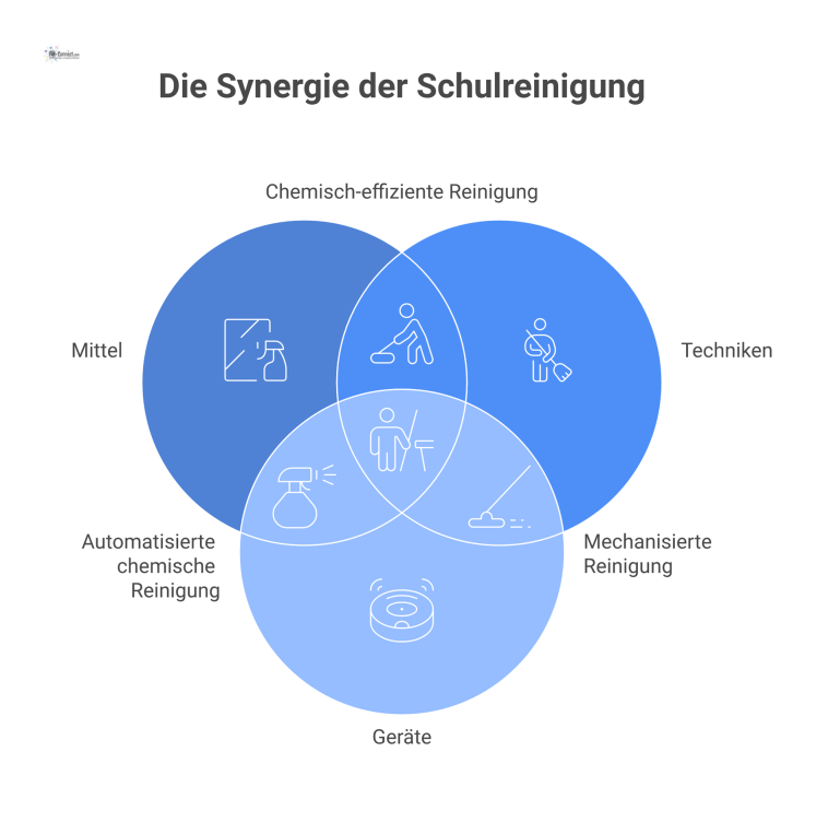 Professionelle Schulreinigung: Mittel und Geräte Infografik zur professionellen Schulreinigung, die Mittel wie die pH-Skala, das 4-Farben-System und Geräte wie Staubsauger zeigt.